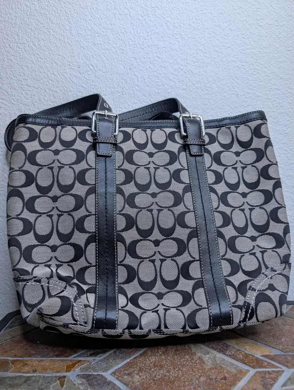 Coach Hamptons Signature F12645 Jacquard Tote Bag Black/Gray Preppy Shoulder